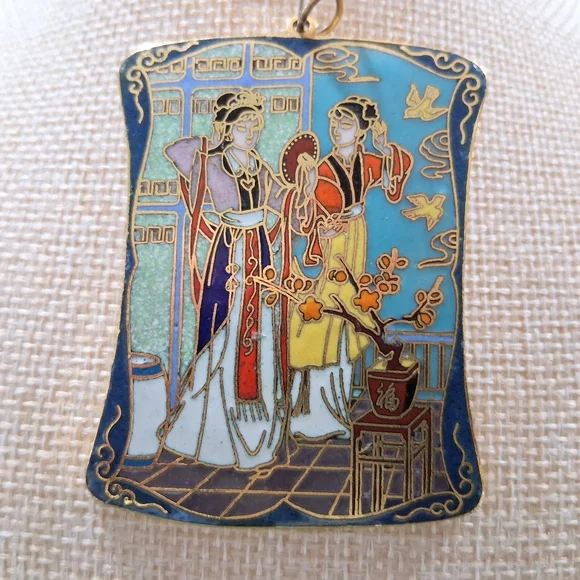 Vintage Cloisonne Pendant For Necklace Asian Scene Enamel - Picture 6 of 9